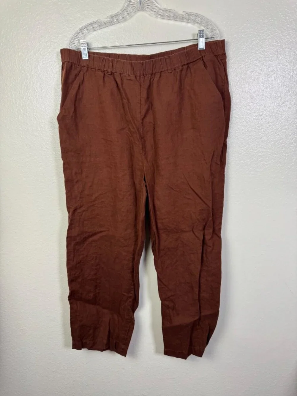 Quince Brown 100% Linen Crop Pants Womens XL Elastic Waist Relaxed Sustainable